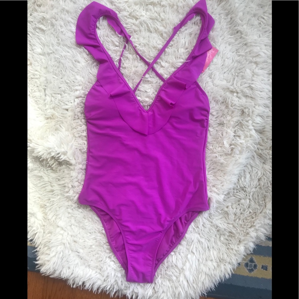~FUCHSIA ONE PIECE SWIMSUIT WTH RUFFLE NECKLINE~
